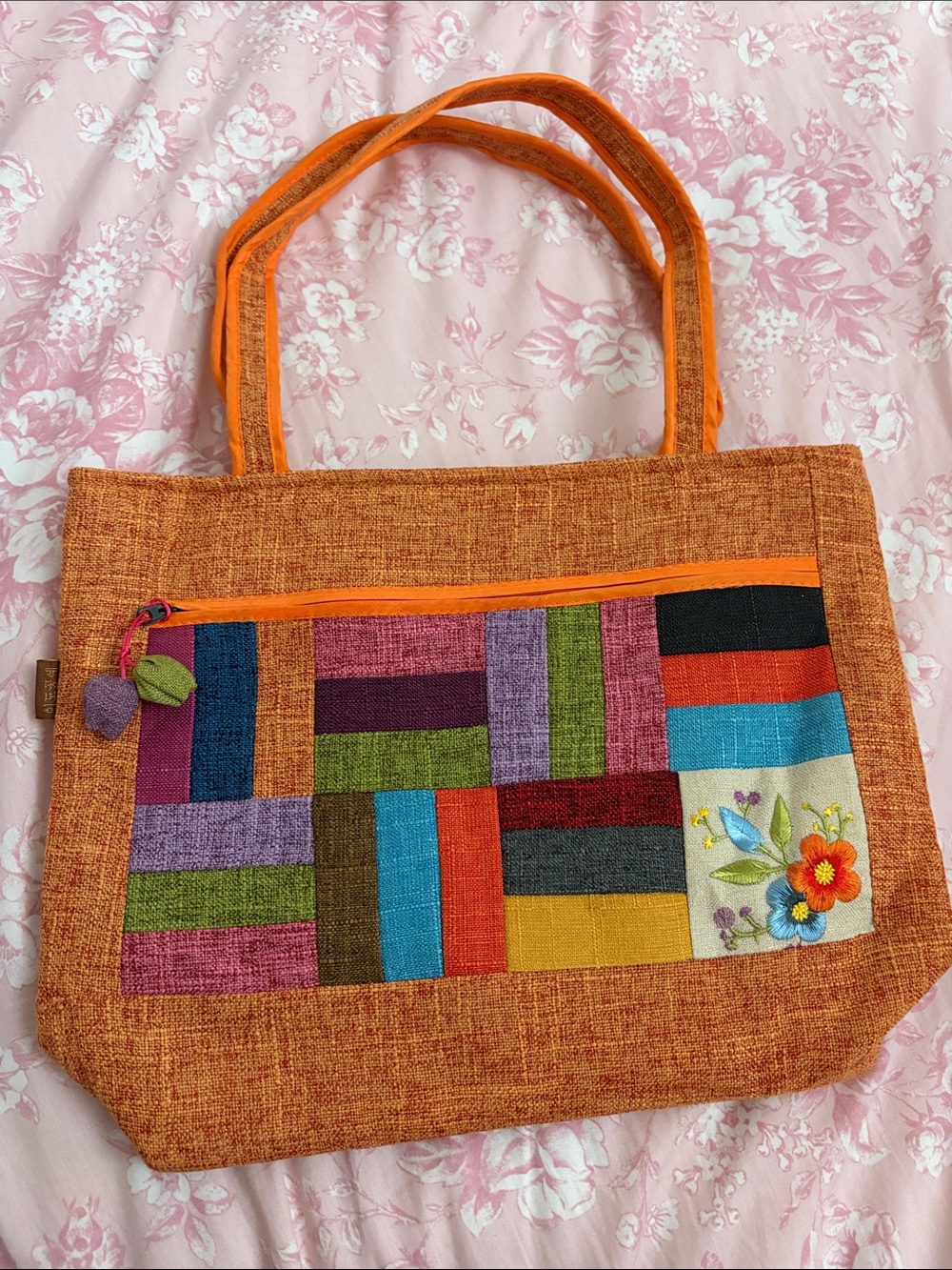 Hand Crafted Orange Patchwork Hobo with Floral Embroidery